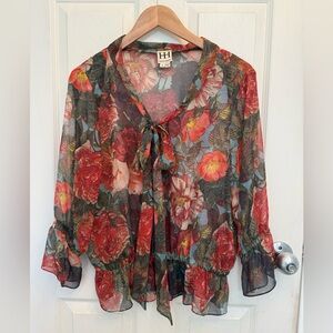 Haute Hippie 100% Silk Sheer Floral Bow Blouse Size Medium